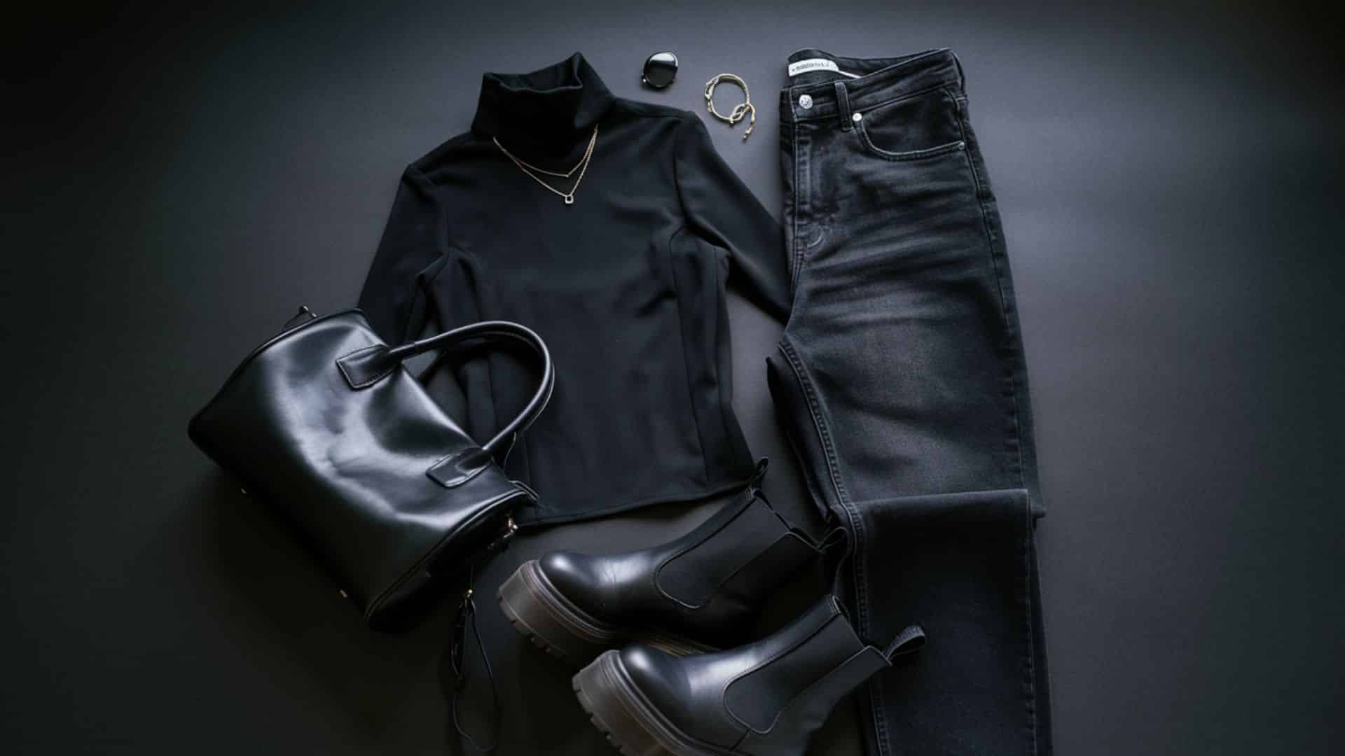 Black Turtleneck + Black Straight Jeans + Leather Boots