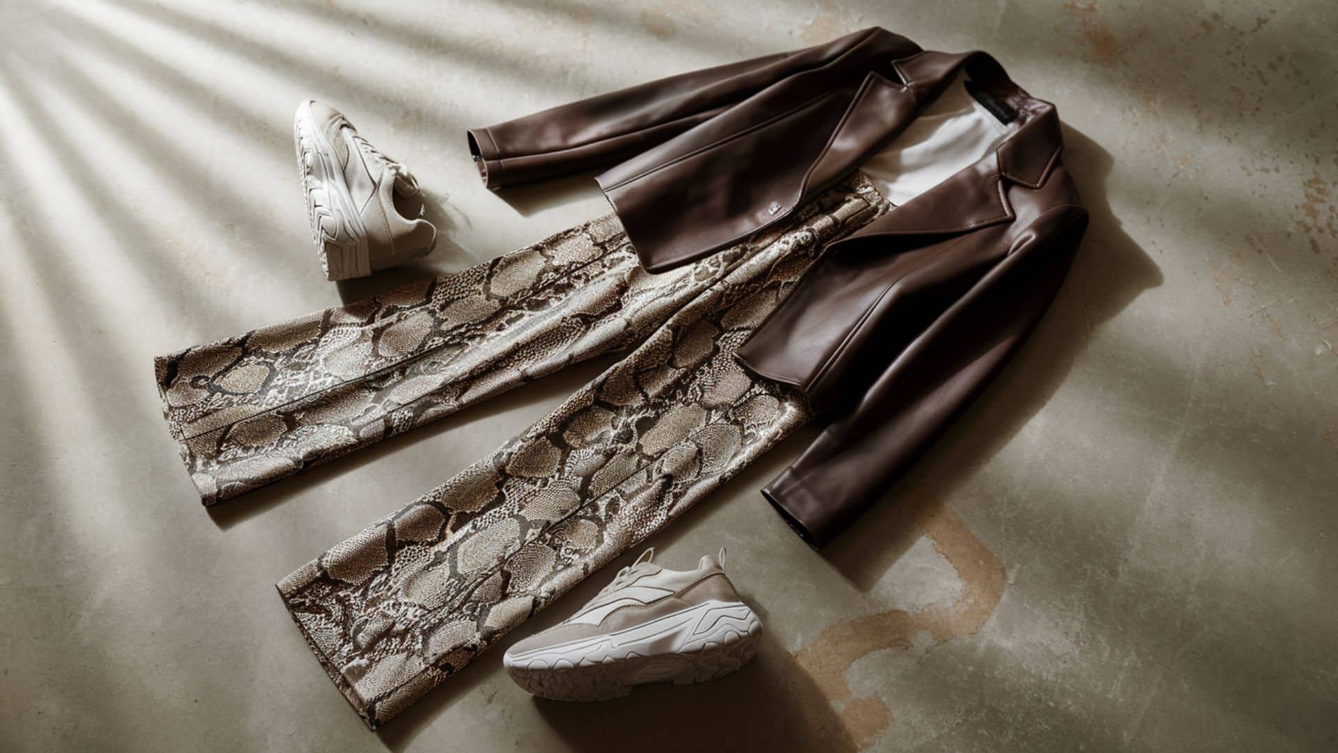 Leather Jacket + Printed Pants + Chunky Sneakers