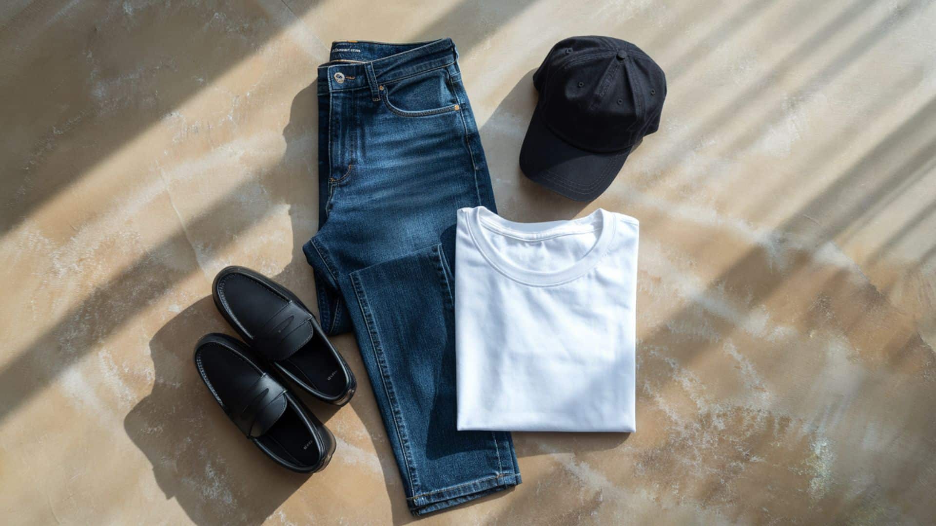 Straight-Leg Jeans + White Tee + Baseball Cap + Loafers