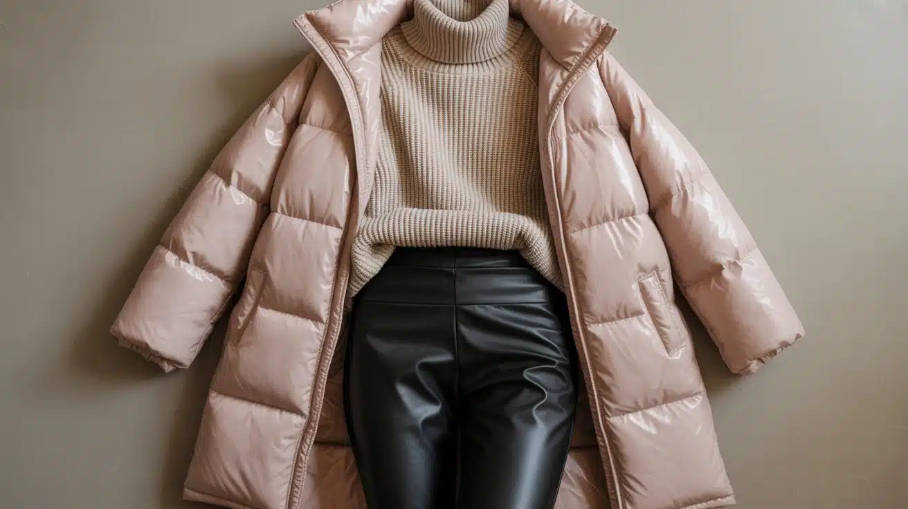 high neck sweater faux leather leggings