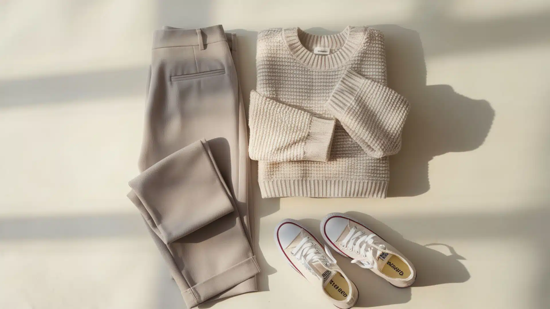 neutral trousers and classic converse