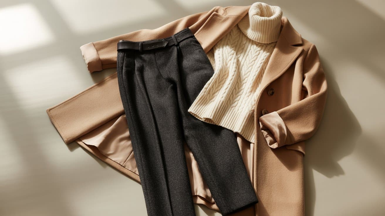 wool trousers turtlrneck sweater