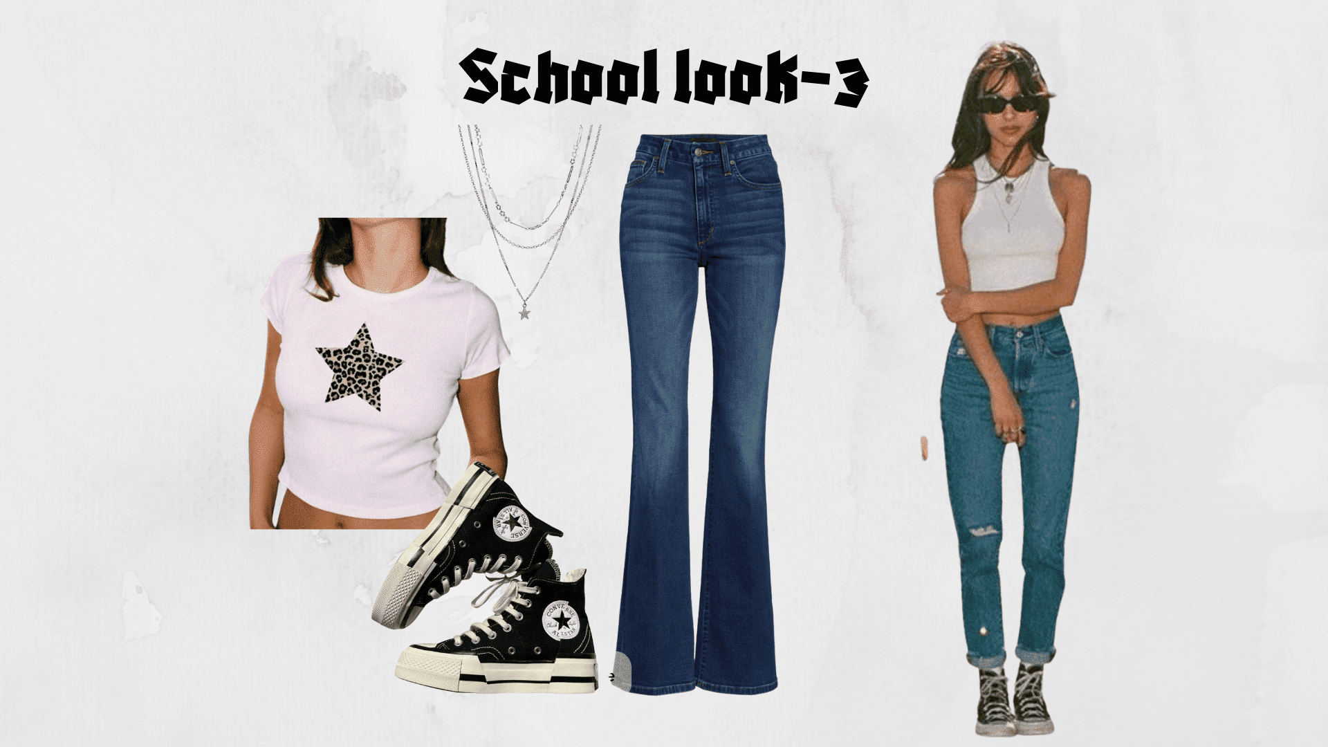 A cropped baby tee with high-waisted wide-leg jeans and platform sneakers
