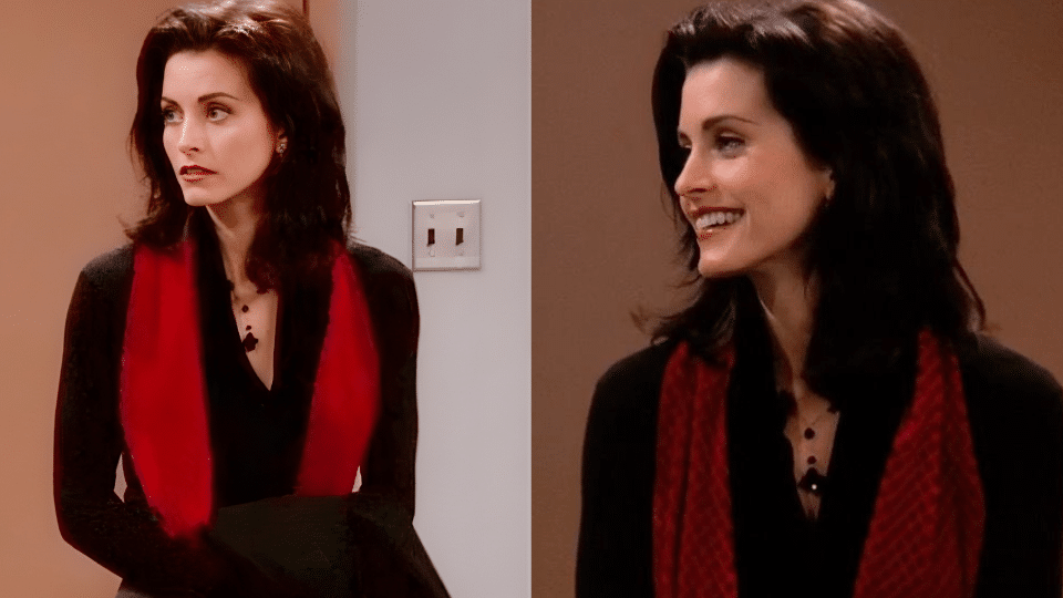 black v neck top red textured scarf