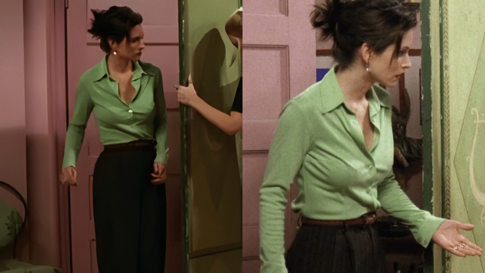 green polo shirt black wide leg trousers