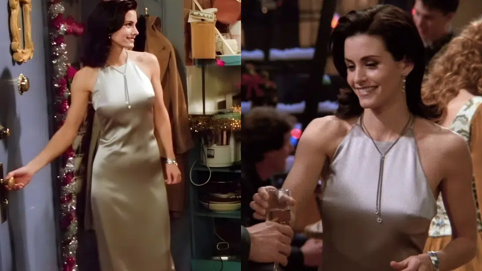 metallic silver halterneck dress