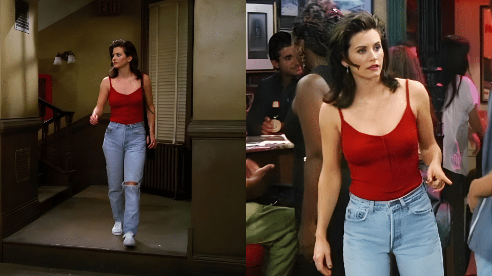 red fitted tank top light wash jeans