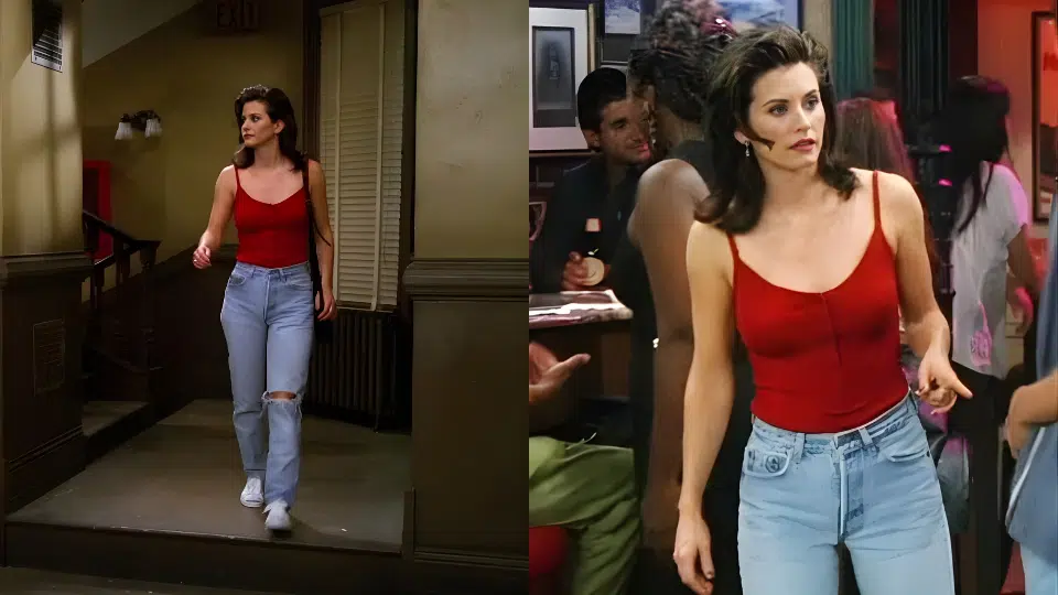 red fitted tank top light wash jeans