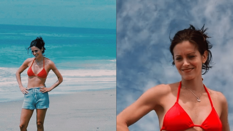 red halter bikini top light blue shorts