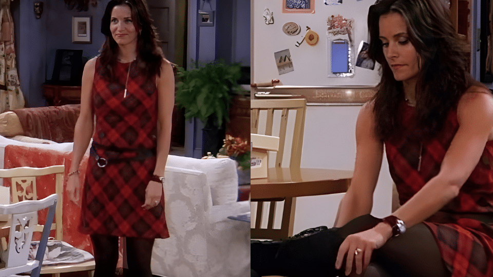 red plaid sleeveless dress black tights