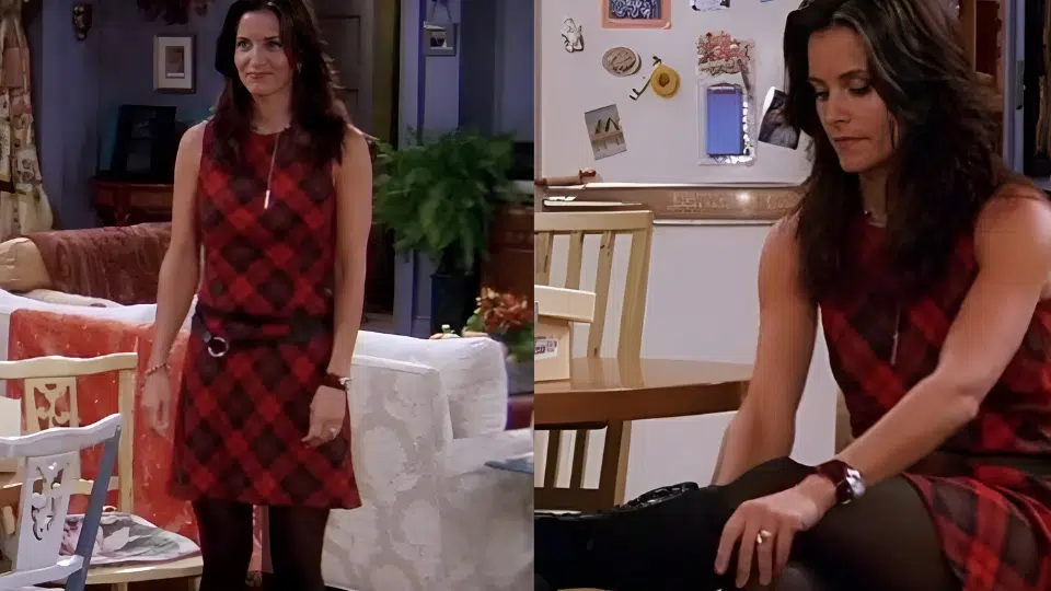 red plaid sleeveless dress black tights