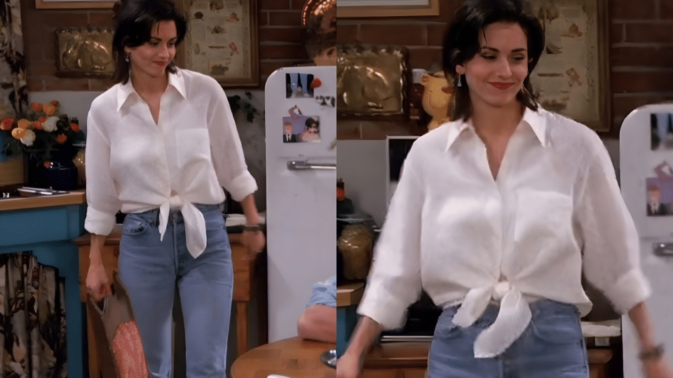 white button tucked black trousers