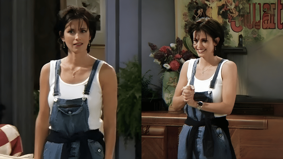 white tank top denim overalls