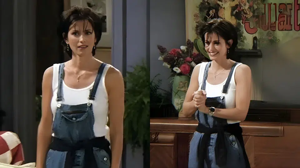 white tank top denim overalls