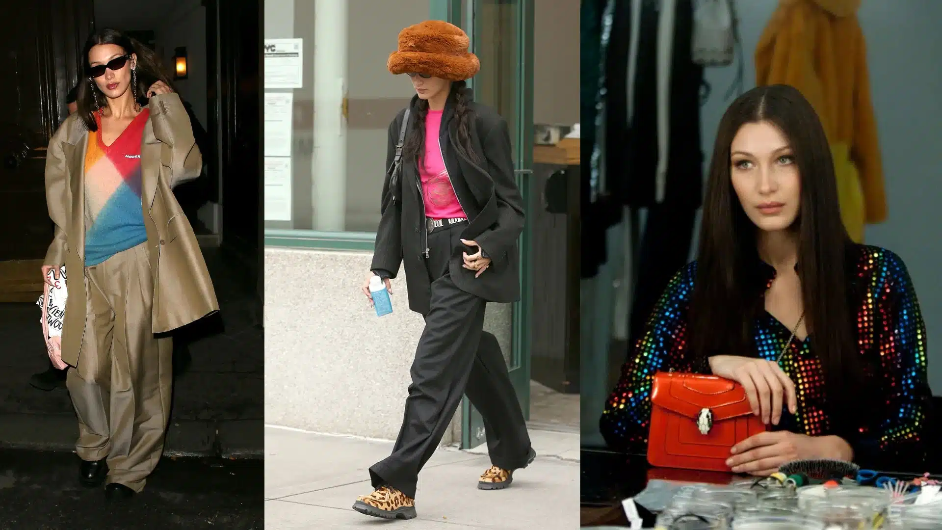 Three photos of Bella Hadid in loungewear, wide-leg pants, and soft knits.