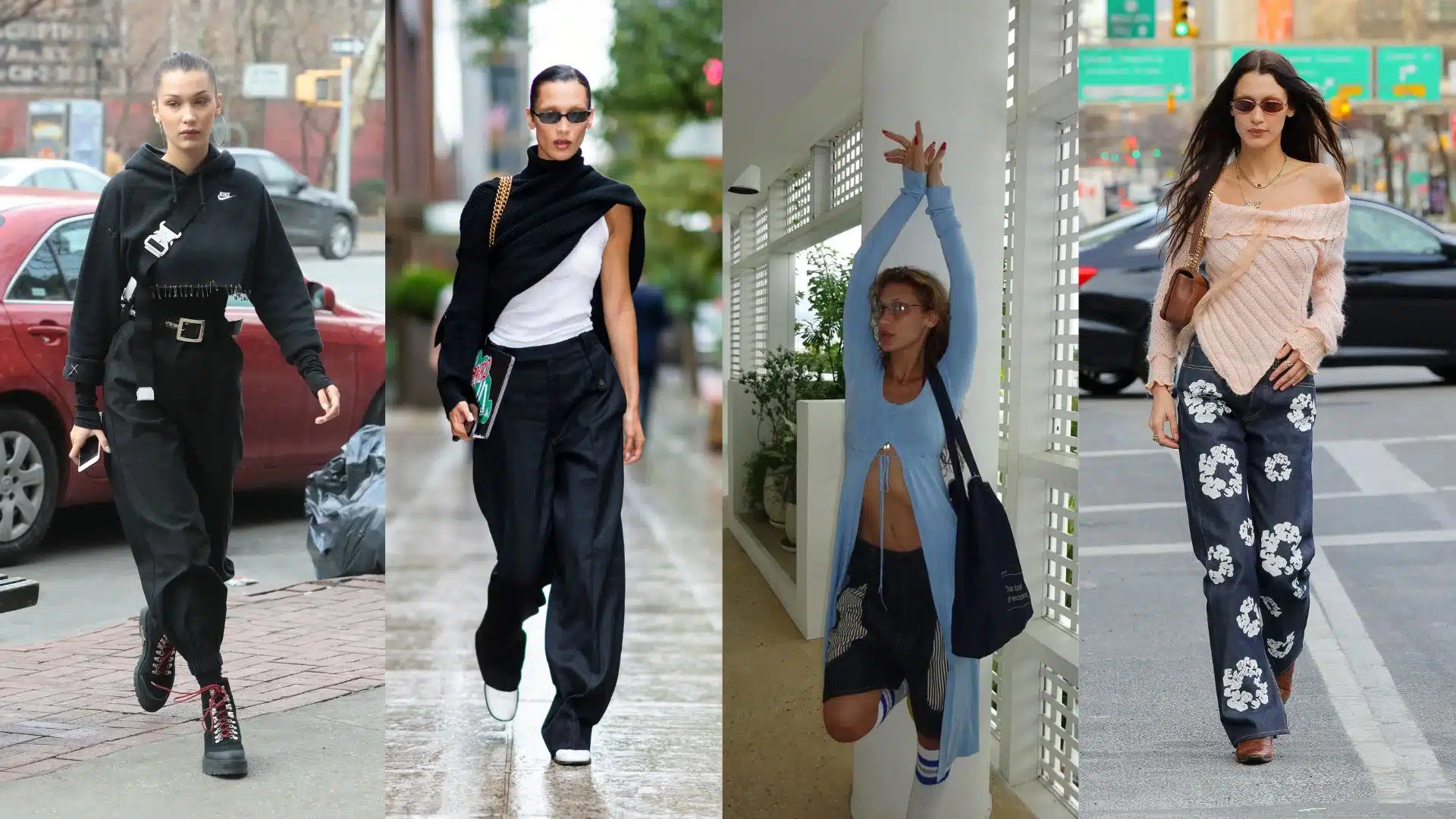 Bella Hadid wearing loungewear, wide-leg trousers, and cozy knits in the city.