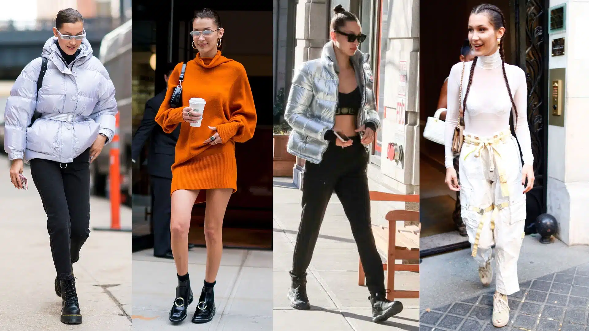 Four photos of Bella Hadid showcasing current trends: a light blue puffer jacket with black pants, an orange sweater dress with black boots, a silver puffer with a black crop top, and an all-white utility outfit with braids.