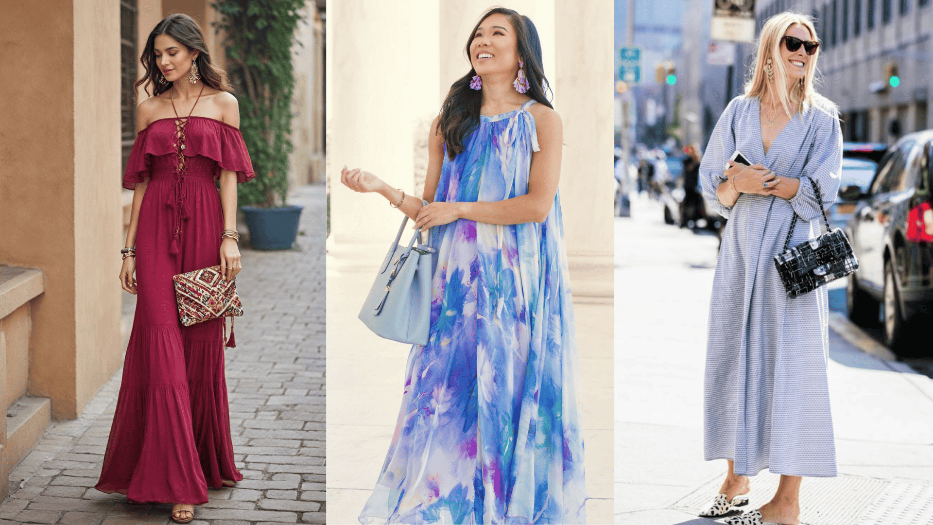 flowy maxi dress with statement earrings
