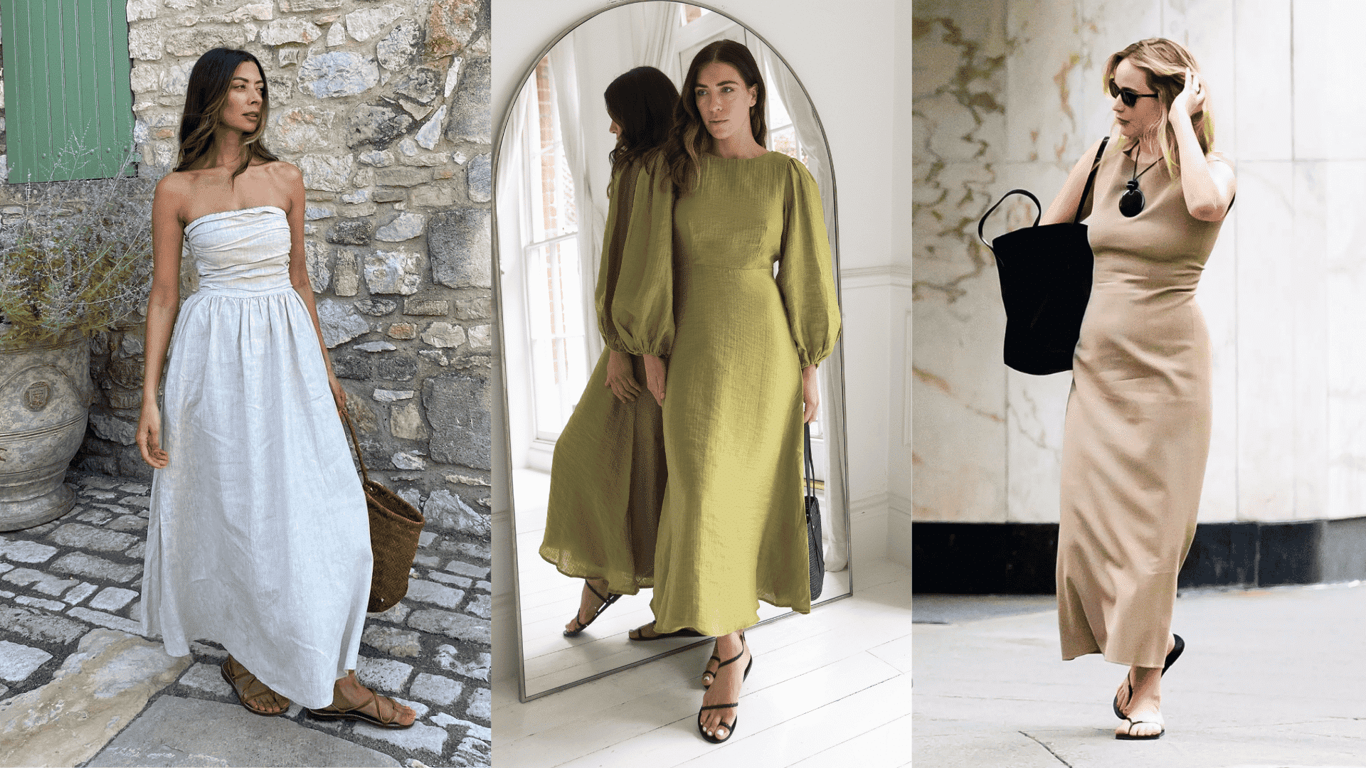 linen midi dress with flat sandals