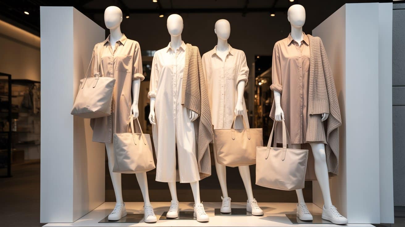 Woman wearing a shirt dress, white sneakers, and carrying a large tote bag.
