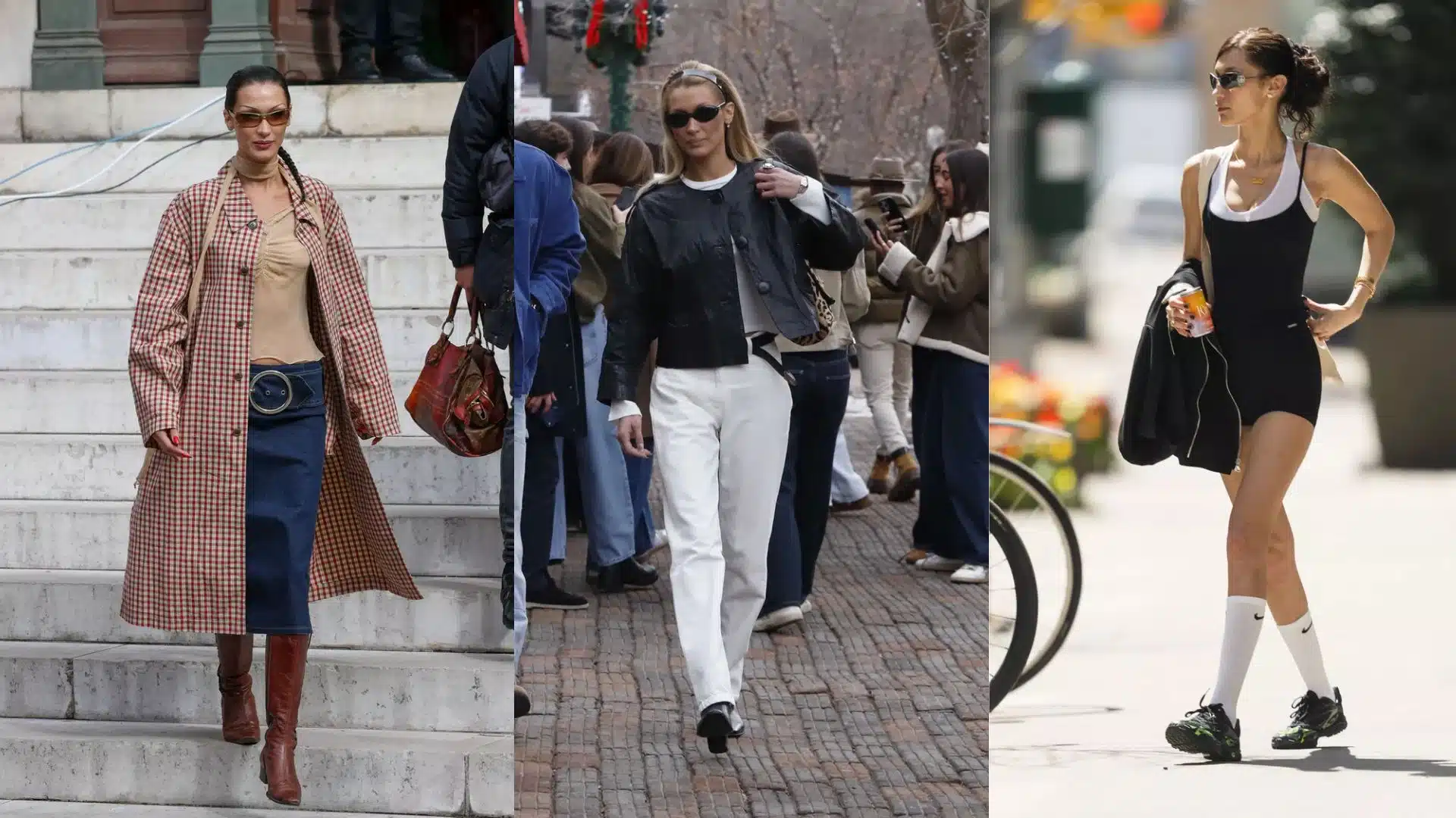Three side-by-side photos of Bella Hadid: one in a long plaid coat with denim, one in a leather jacket and white trousers, and one in an athletic romper with white socks and sneakers.