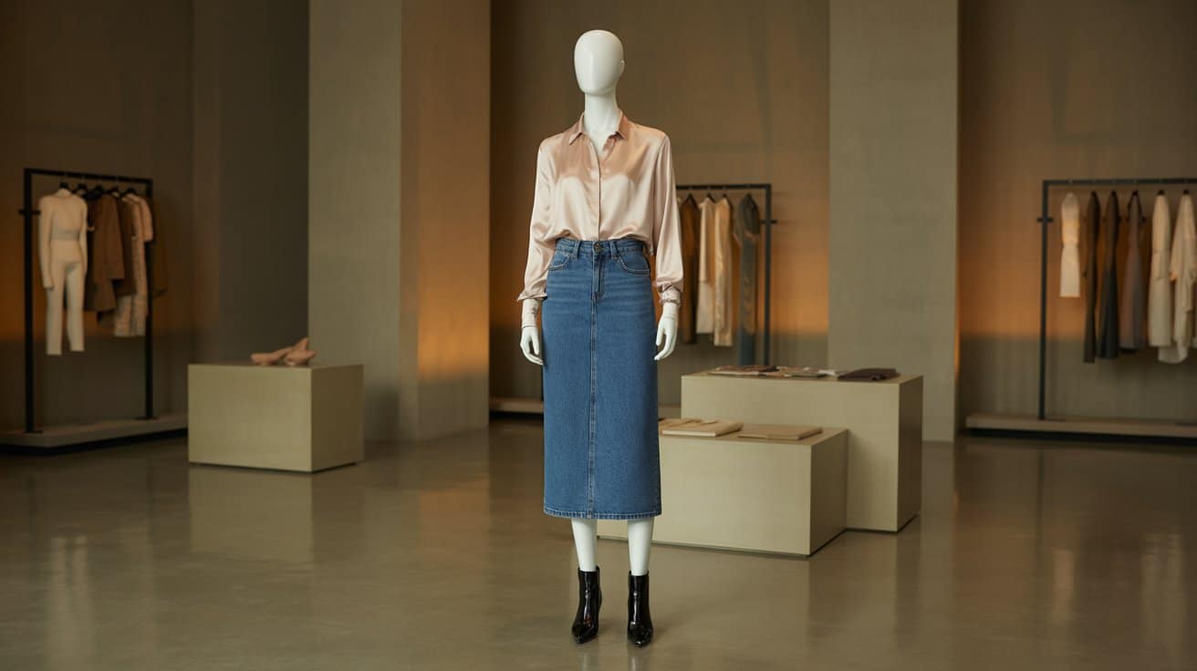 silk blouse denim skirt