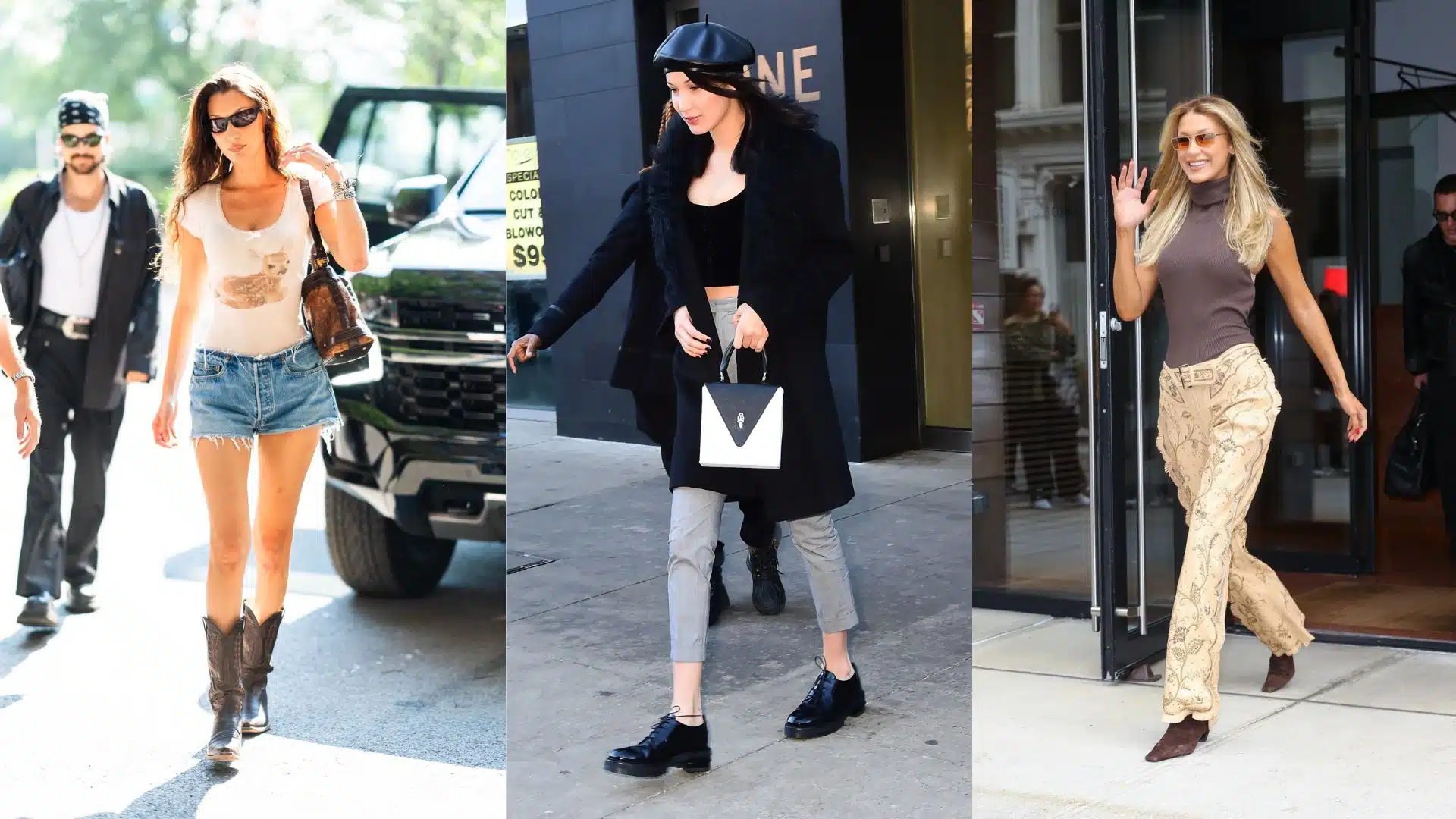 Three photos of Bella Hadid in denim shorts, a black coat, and patterned pants.