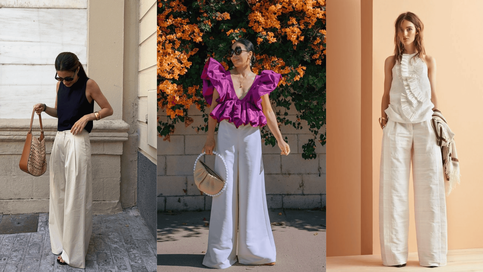 wide leg pants with a sleeveless blouse