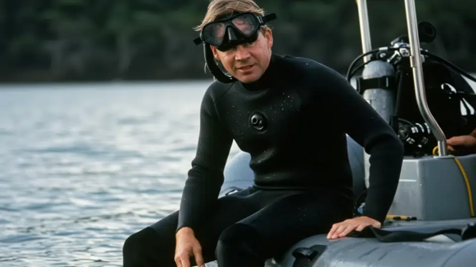 Steve Irwin on a boat in a wetsuit on the day of the incident.