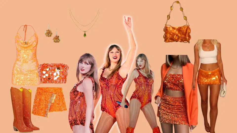 lover era sparkle orange sequined bodysuit glamour