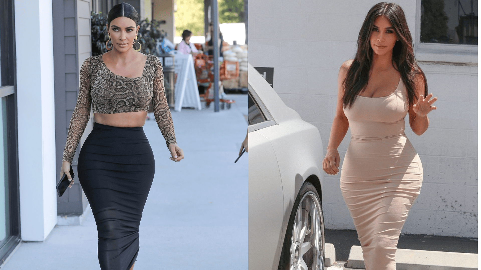 Kim Kardashian from 2016 to present, photographed in fitted neutral-toned outfits highlighting her sculpted makeup, sleek dark hair, and signature hourglass silhouette