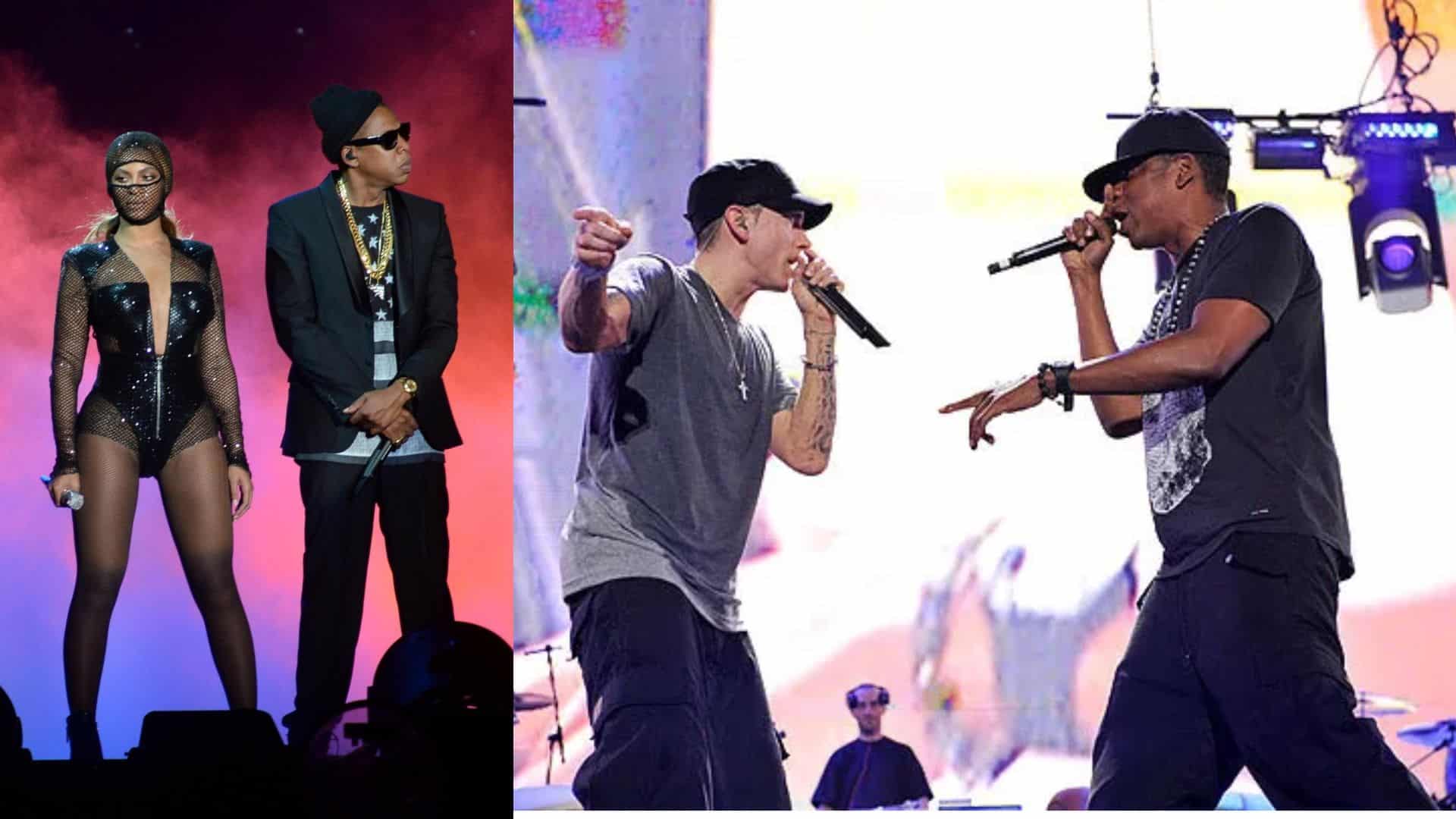 In Left: Beyoncé and Jay-Z Performing; In Right: Eminem and Jay-Z Performing.