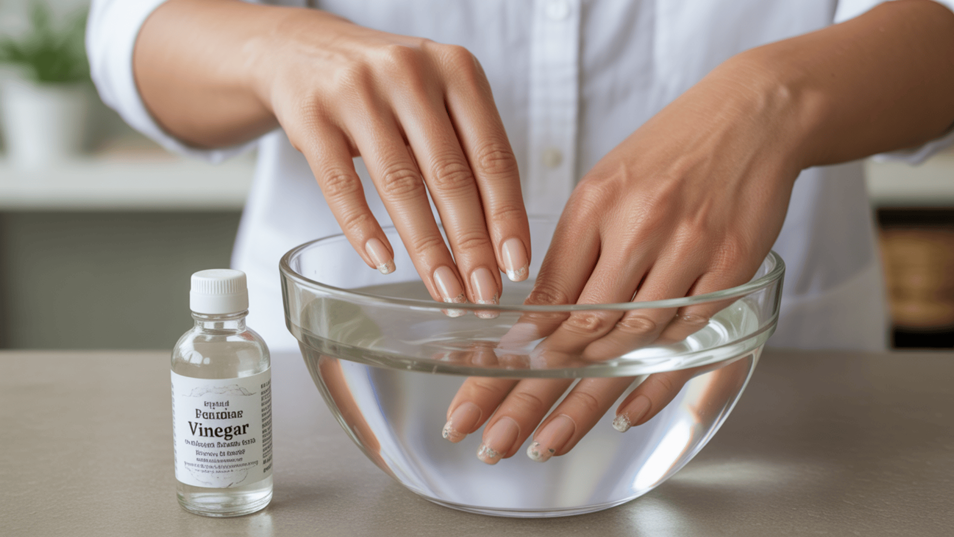 Vinegar-soak method:soaking acrylic nails in a bowl of water with a bottle of white vinegar nearby