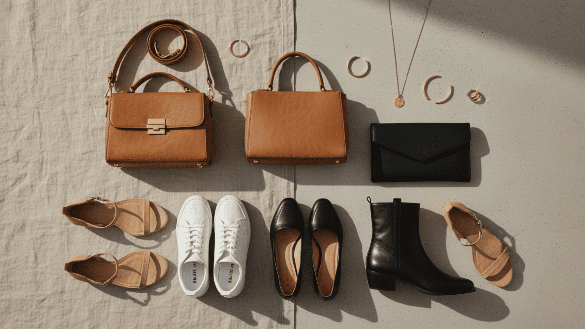 Flat lay of casual chic accessories, including tan handbags, black clutch, flats, loafers, ankle boots, sandals, and gold jewelry on a neutral background