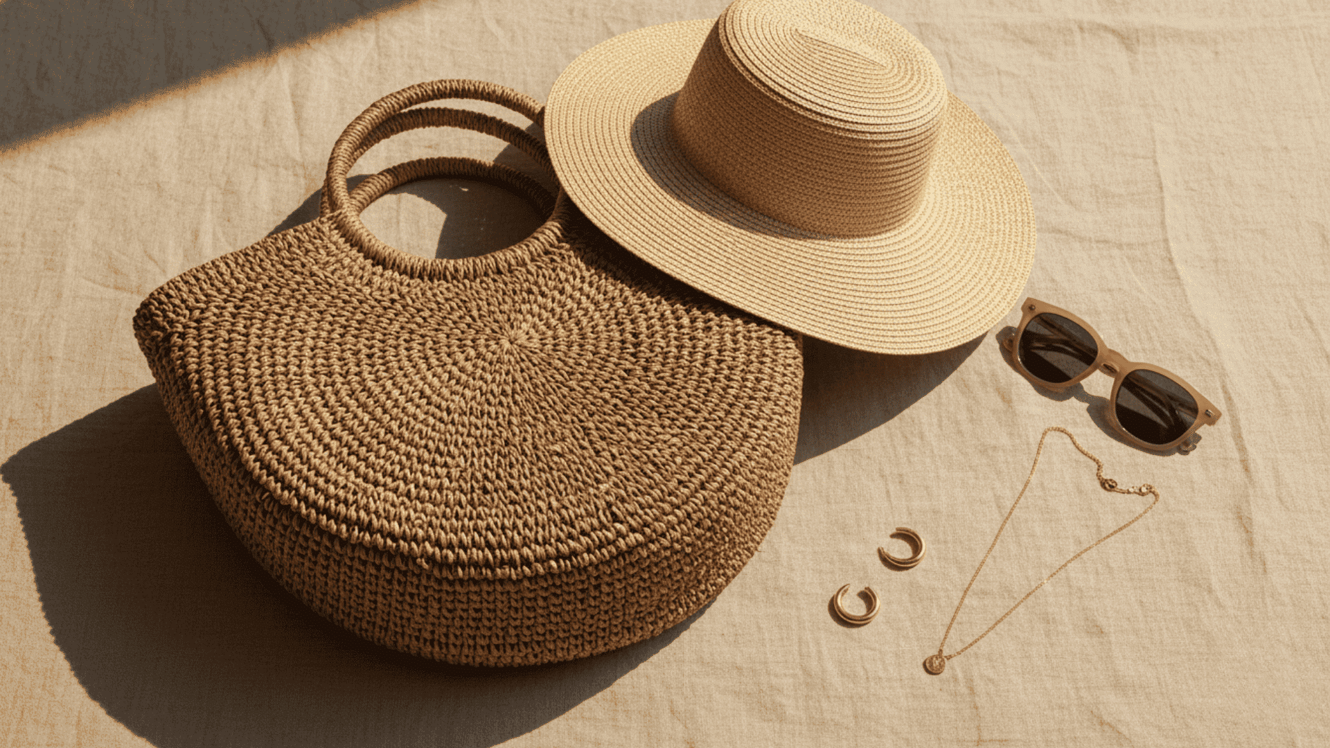 Summer capsule wardrobe accessories, including a woven tote bag, a straw hat, sunglasses, and delicate gold jewelry on neutral fabric