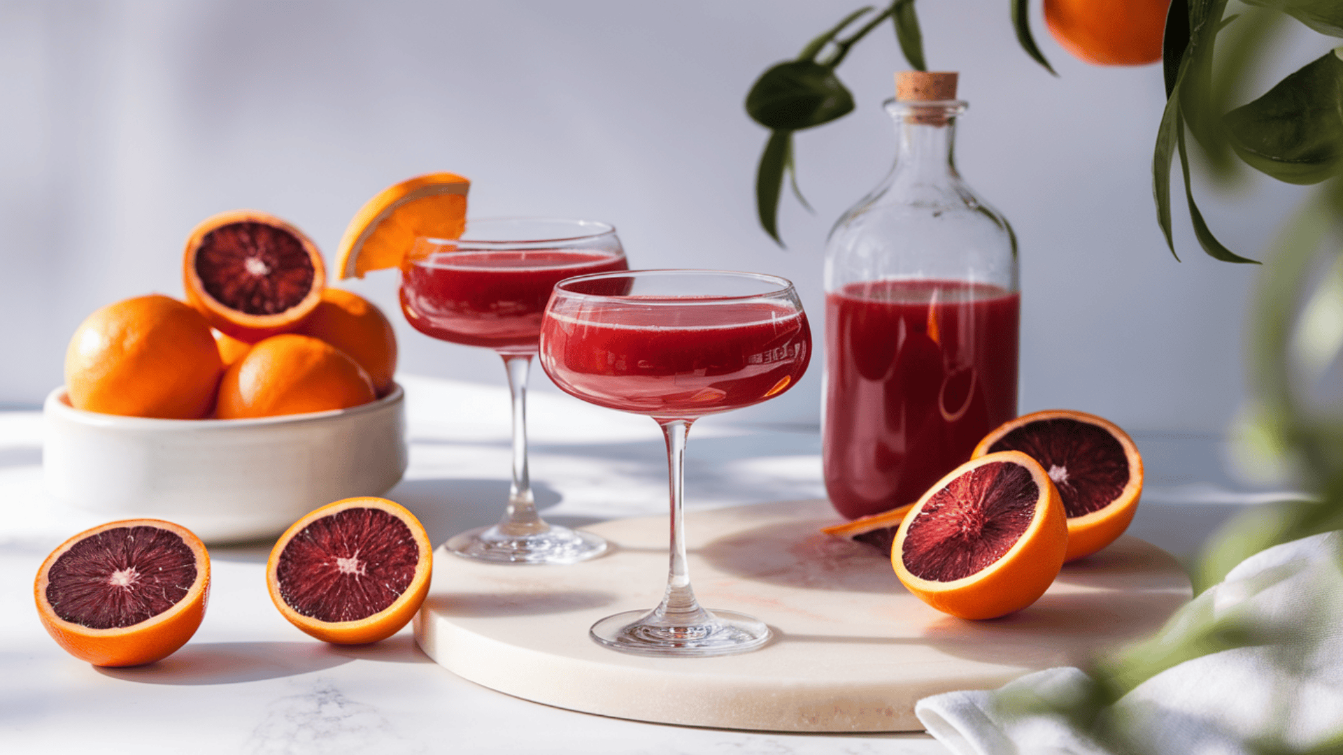 Two coupe glasses filled with blood orange mimosas beside halved blood oranges and a glass bottle of juice on a marble surface