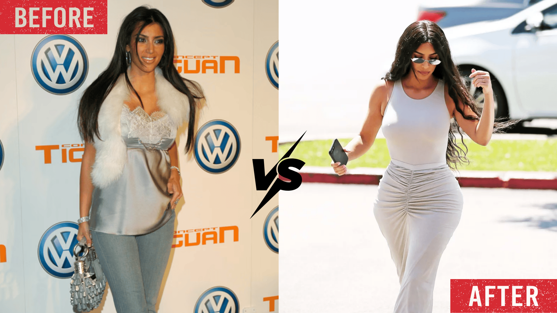 Side by side before and after comparison of Kim Kardashian’s body shape, showing a slimmer silhouette in earlier photos and a more pronounced hourglass figure in recent images.
