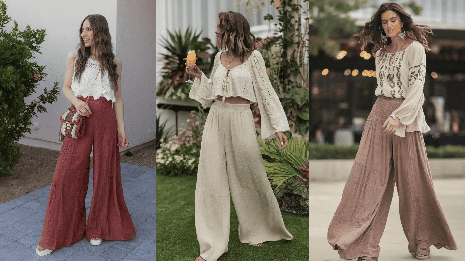 Three boho-inspired outfits featuring wide-leg pants styled with flowing blouses, soft fabrics, and earthy tones for a relaxed, free-spirited look