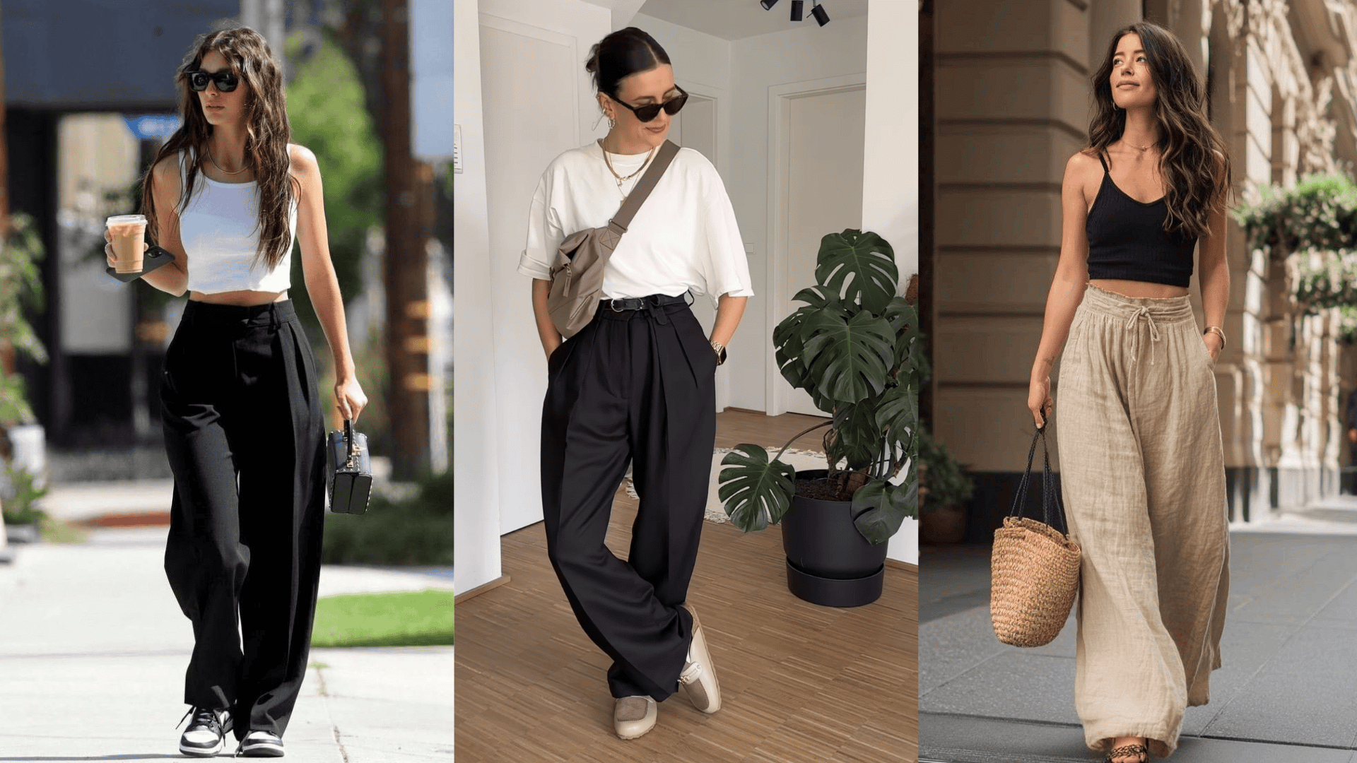Three outfit ideas showing how to style wide leg pants with fitted tanks or simple tees, balanced silhouettes, and relaxed footwear like sneakers or flats for an effortless everyday look