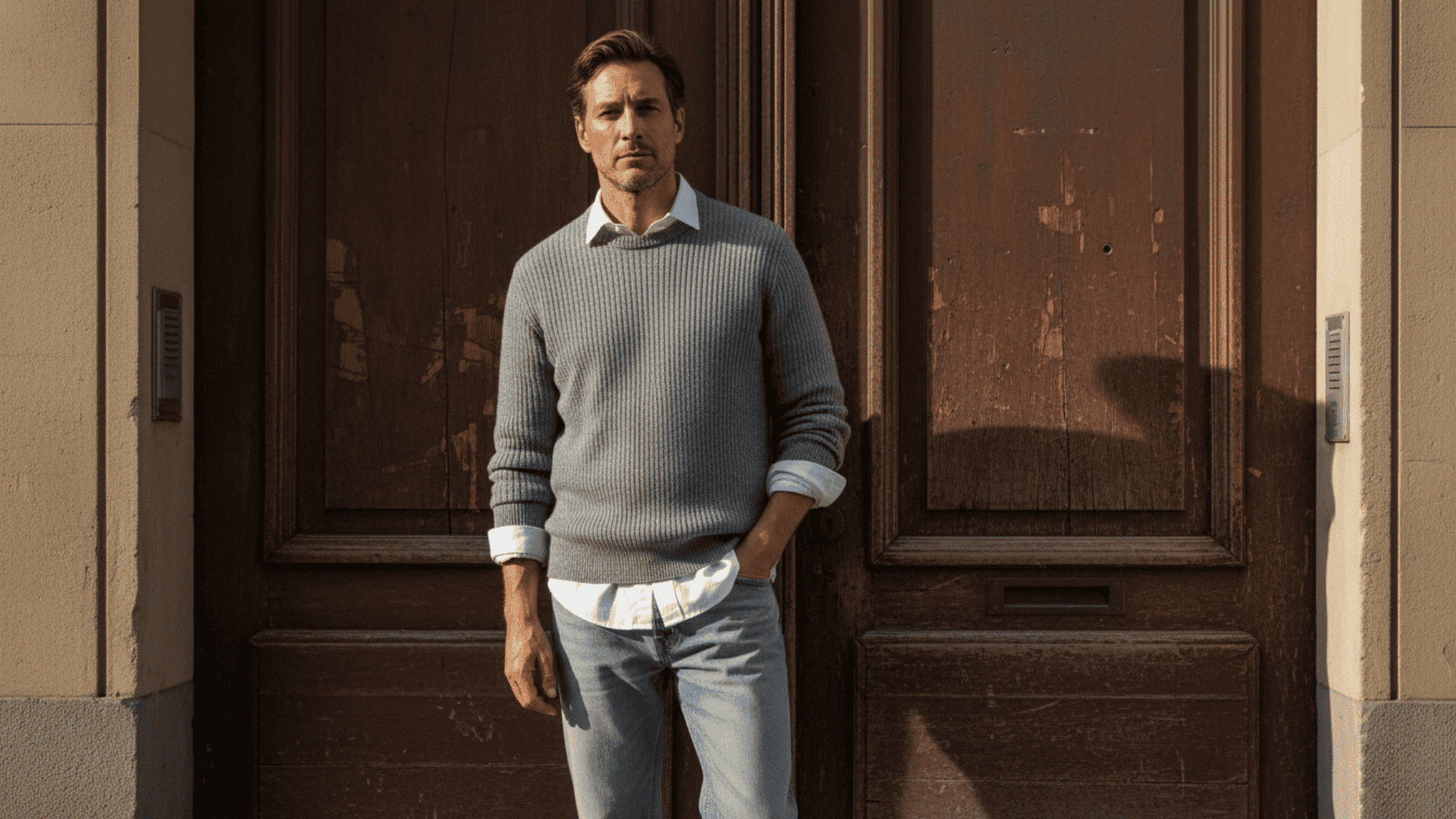 Man in casual chic outfit wearing a gray sweater over a white shirt and light trousers, standing against a wooden doorway