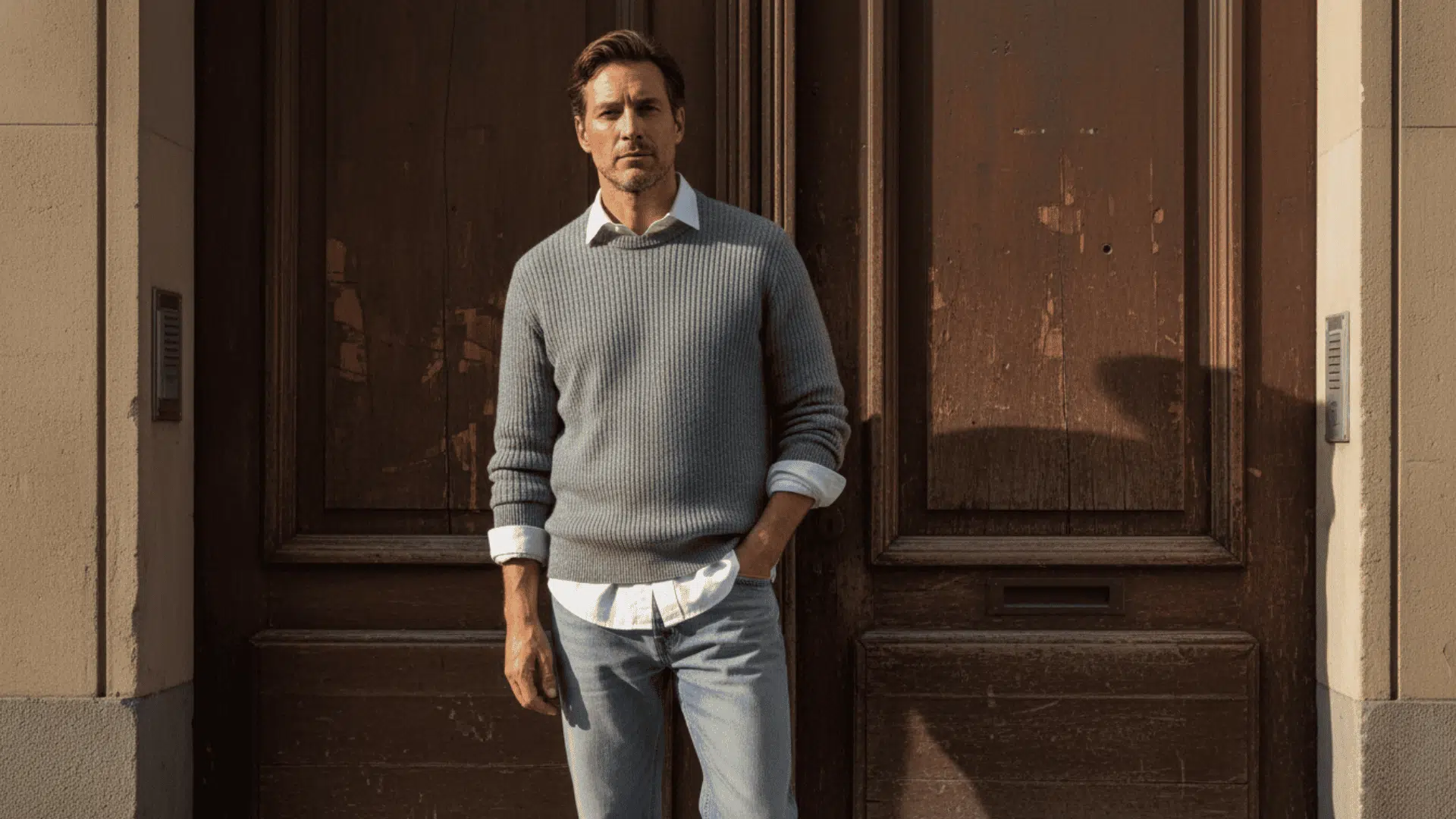 Man in casual chic outfit wearing a gray sweater over a white shirt and light trousers, standing against a wooden doorway