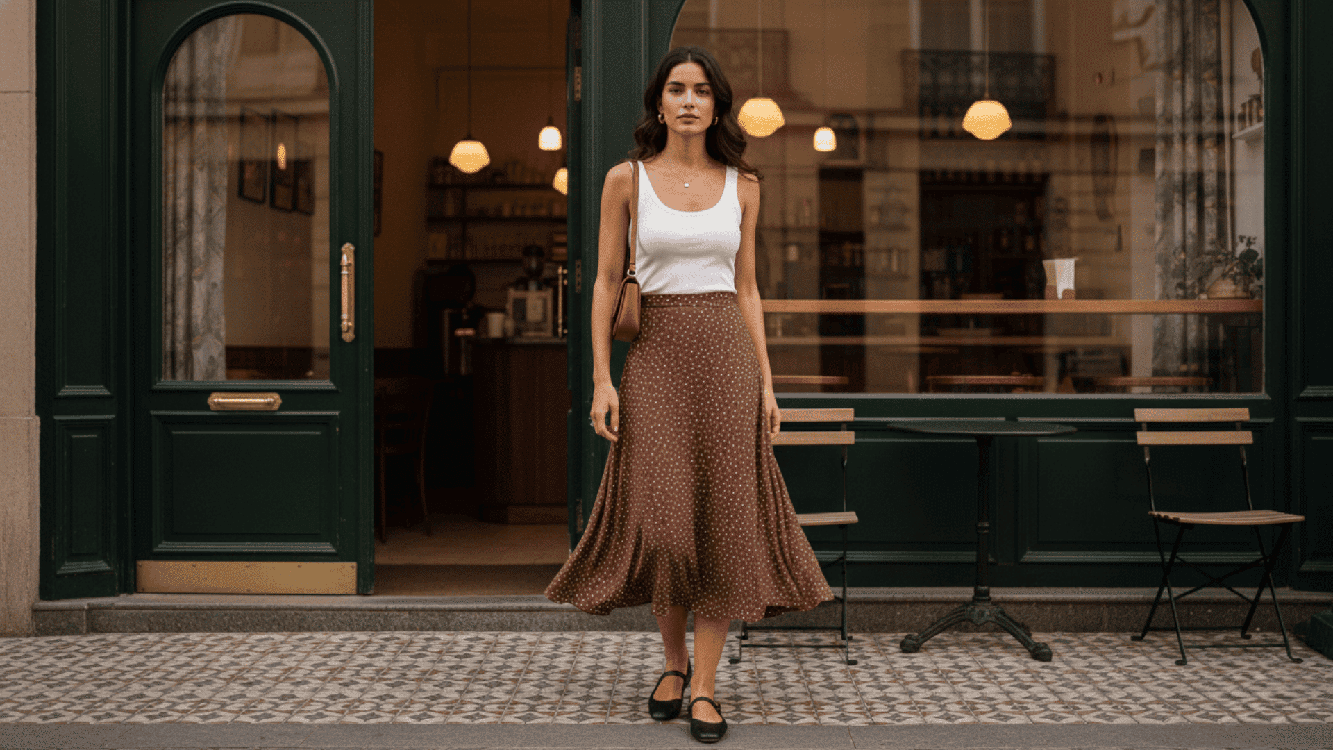 Woman in casual chic white tank top and brown midi skirt standing outside a café with warm lighting
