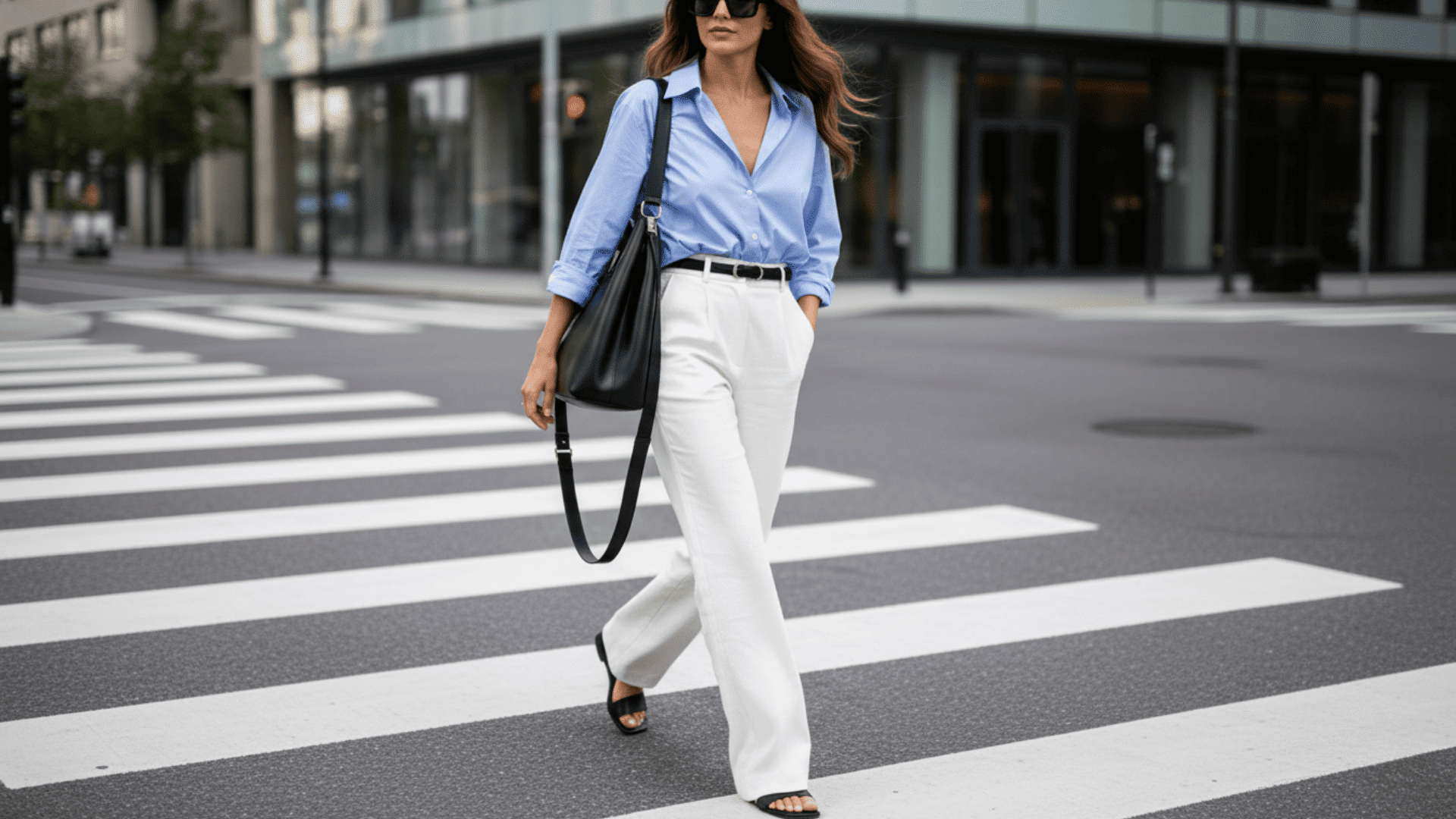 Woman in casual chic blue blouse and white wide-leg trousers crossing a city street with a black shoulder bag