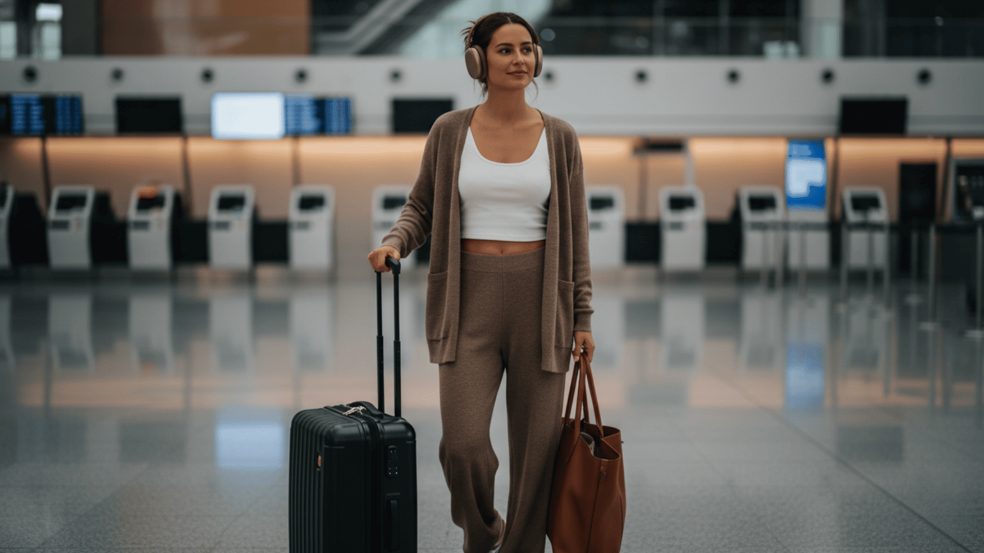 Woman in casual chic airport outfit wearing a white tank, brown cardigan, and matching pants, pulling a suitcase and carrying a leather tote.