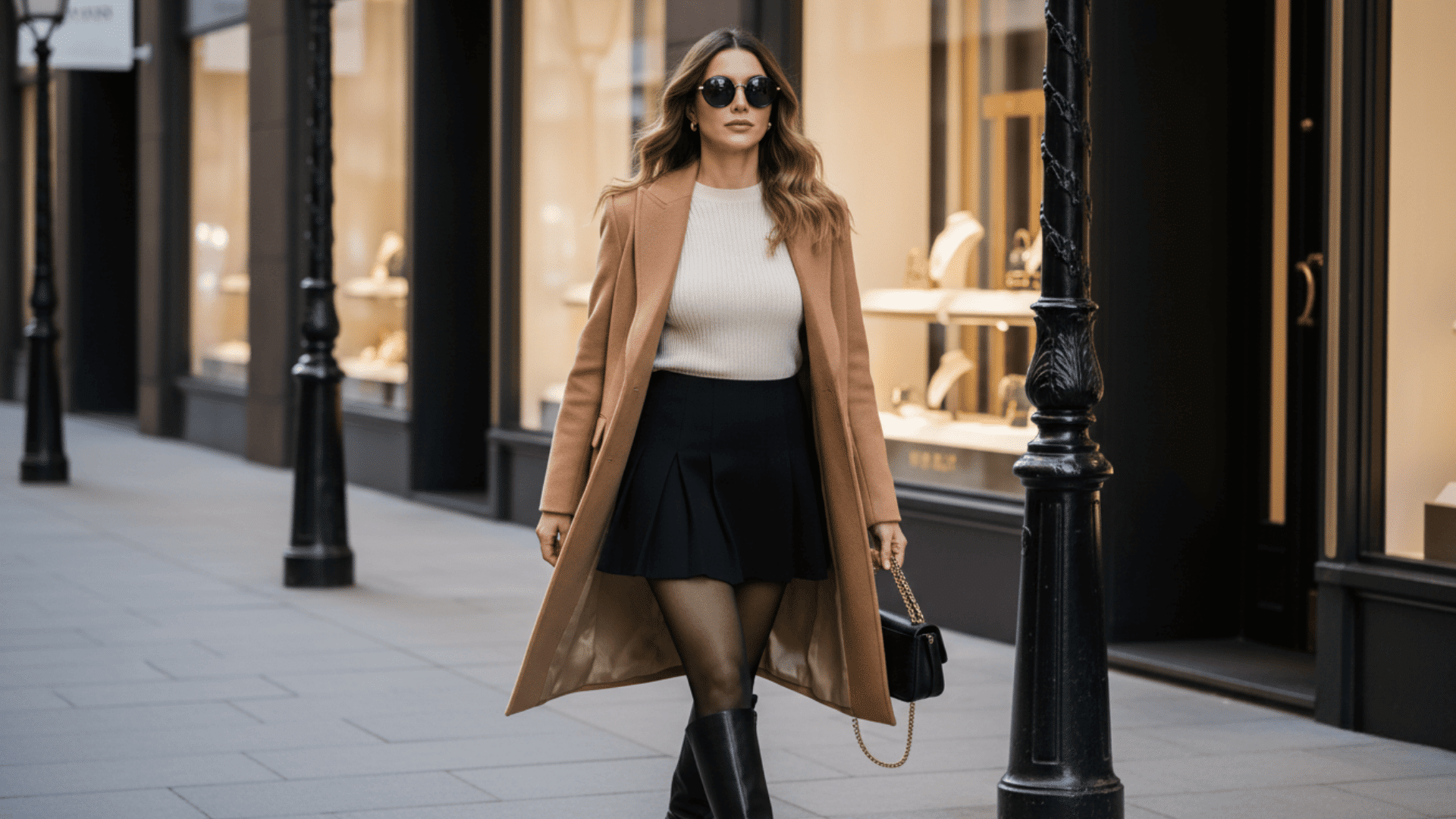 Woman in casual chic camel coat, beige top, black mini skirt, and knee-high boots walking along a city street with a handbag
