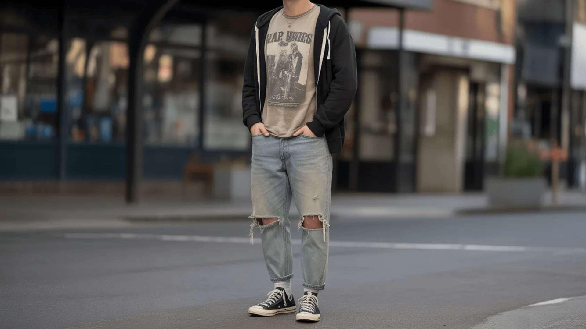 Indie sleaze everyday outfit featuring a faded band tee, distressed light-wash jeans, an unzipped black hoodie, and worn Converse sneakers styled in a city street setting.