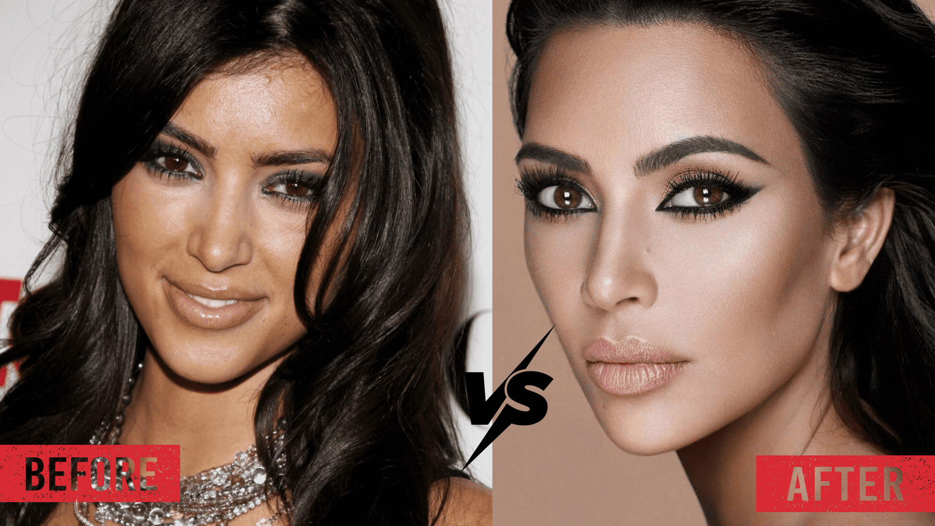 Side-by-side before-and-after comparison of Kim Kardashian, highlighting changes in cheekbones and jawline, with a softer, rounder look on the left and a more contoured, angular appearance on the right