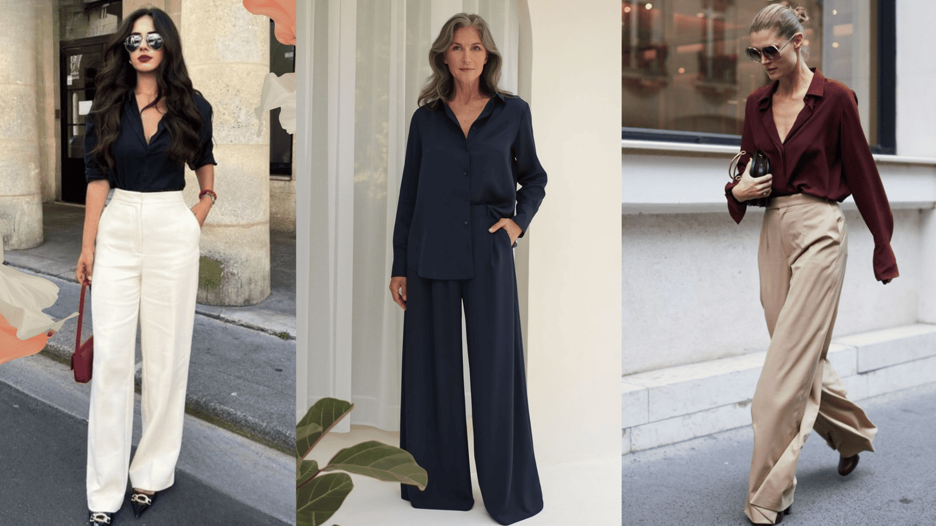 Three polished outfit ideas featuring wide-leg trousers styled with fitted blouses or tailored button-down shirts, neatly tucked in for clean lines and a refined, office-ready silhouette
