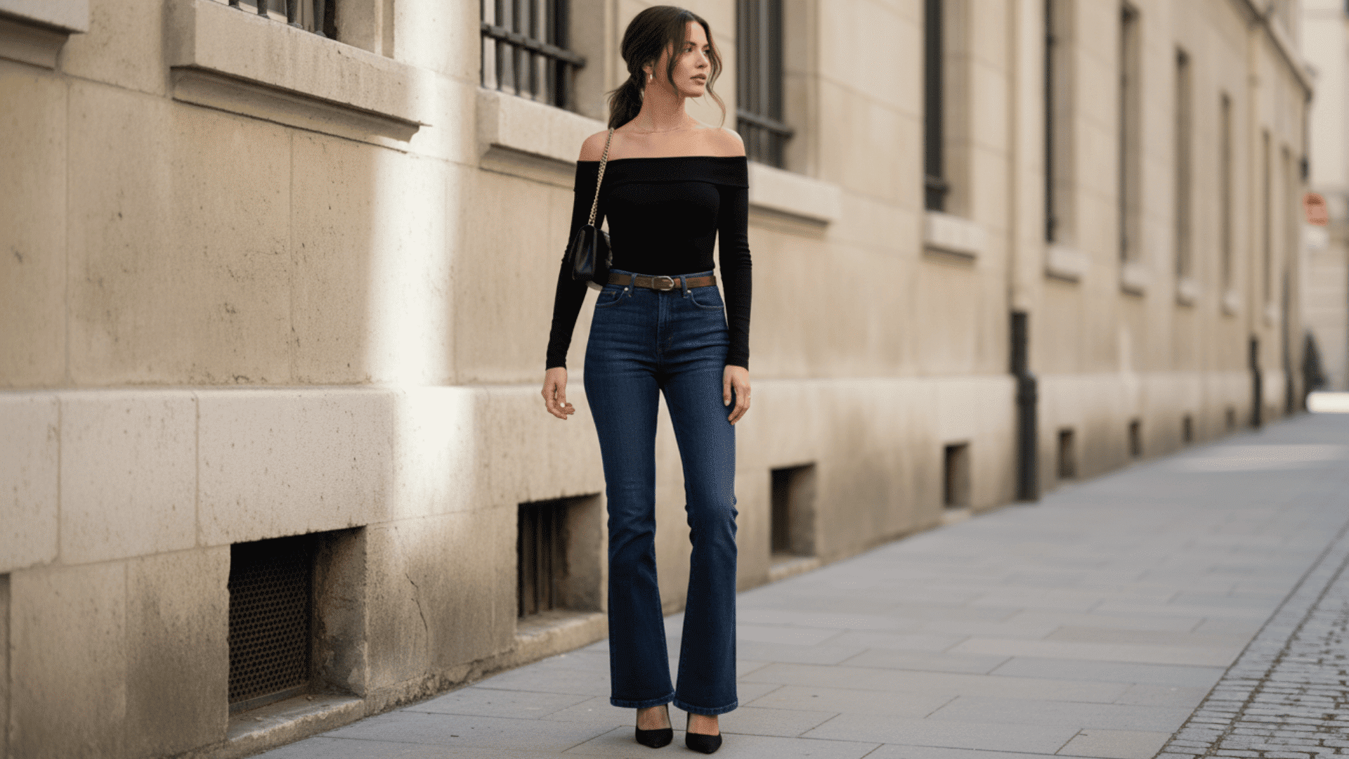 Woman in casual chic off-shoulder black top and high-waisted flared jeans standing on a quiet city sidewalk