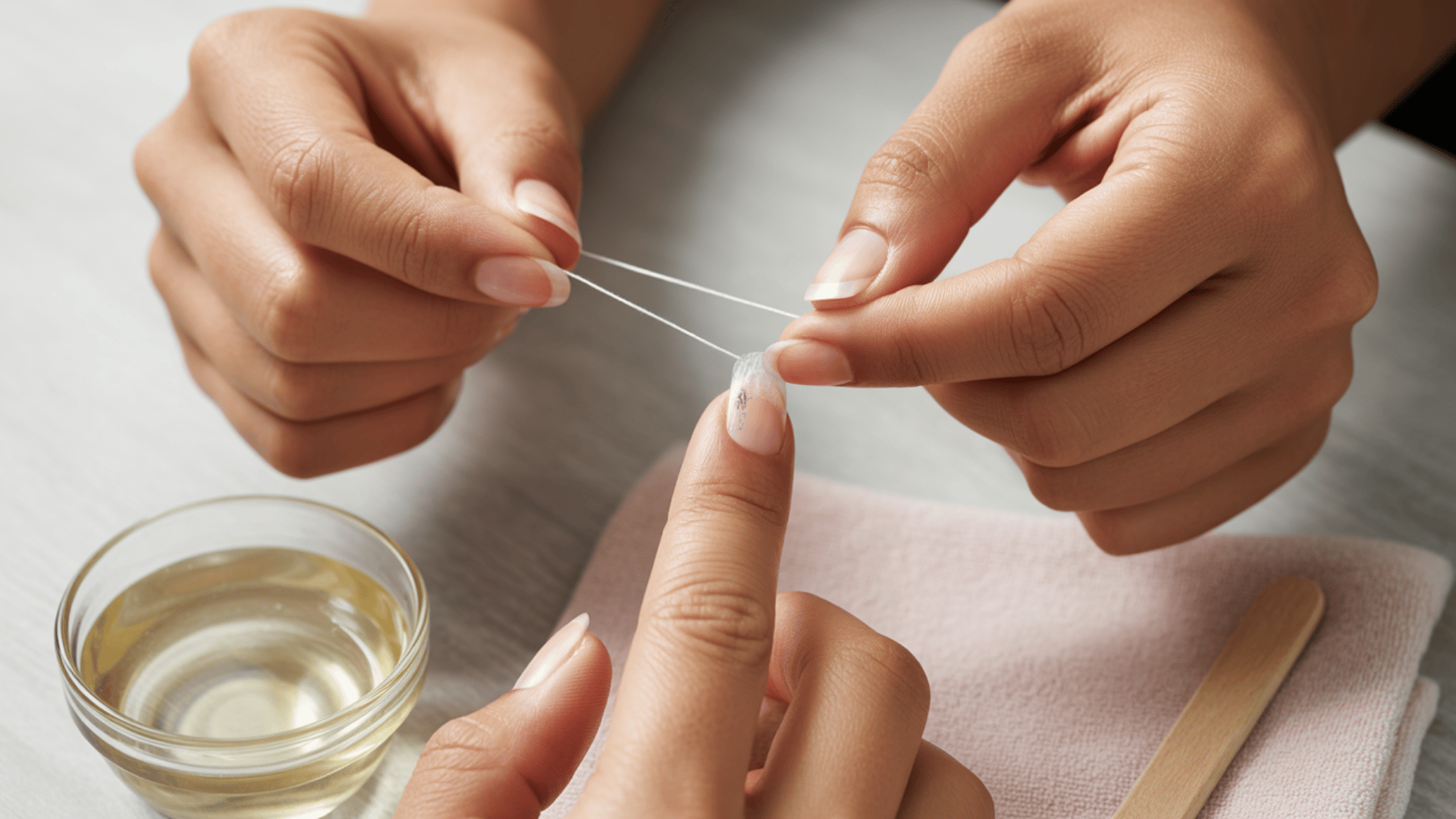 Dental floss or cuticle stick sliding method, gently lifting loosened acrylic nail with floss and oil nearby